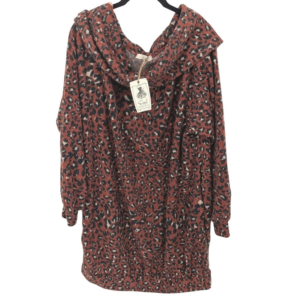 Easel Tunic Sweater Women Large Brown Leopard Cowl Neck Long Sleeve Pockets Soft